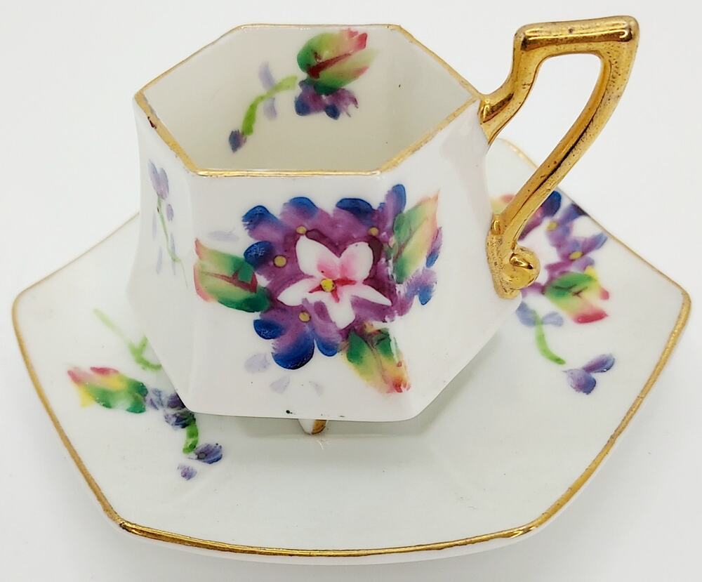 Japanese Miniature Demitasse Teacup And Saucer Floral Gold Tone Trim Hexagonal